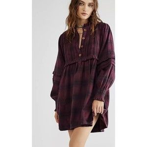 New Free People Redwood Flannel Burgundy Plaid Babydoll Mini Dress Small Petite
